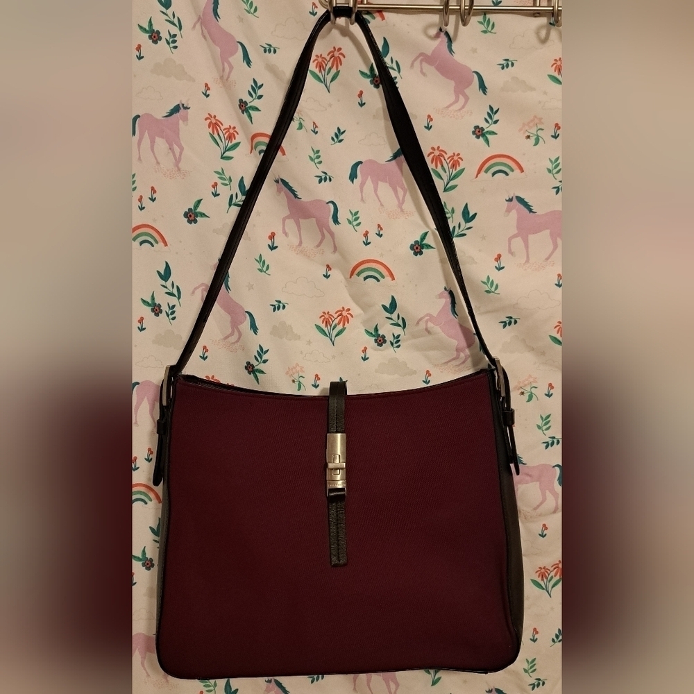 EUC Lamarthe Burgundy Cotton & Black Italian Leather Casual Shoulder Purse Bag